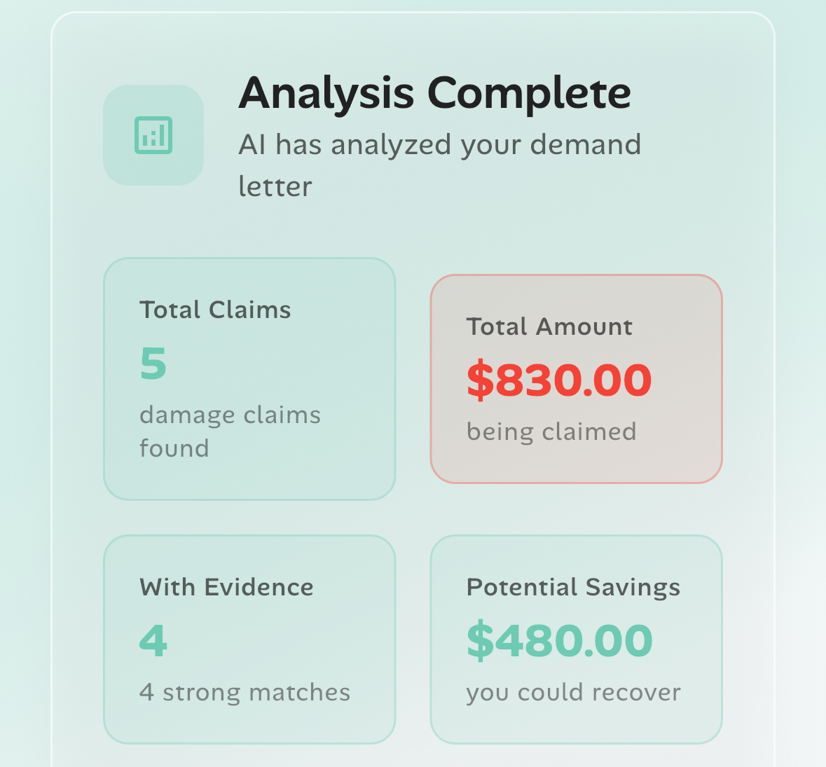 AI-powered dispute analysis extracting landlord charges and matching with tenant evidence