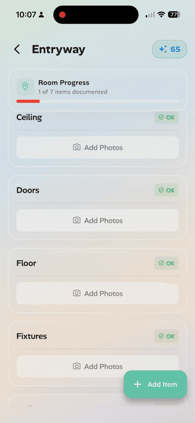 DepositGenie mobile app showing room-by-room property documentation with timestamped photos