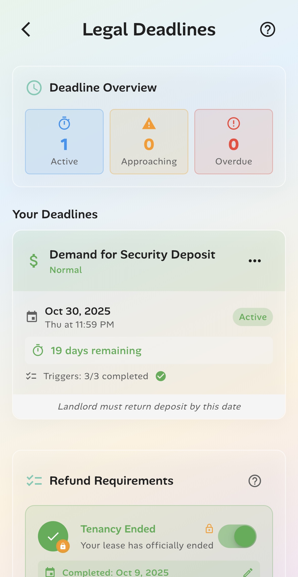 State-compliant deadline tracking dashboard with automated countdown and legal trigger monitoring