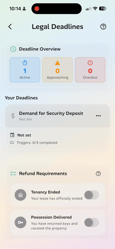 DepositGenie's dashboard tracks your state's security deposit return deadline and other key dates
