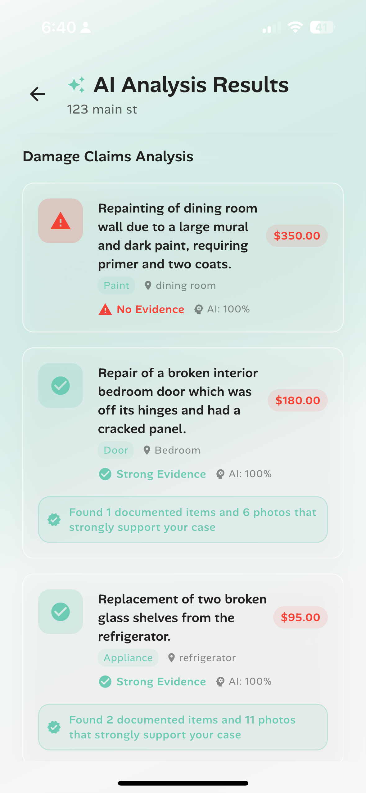 Intelligent evidence matching results showing photo rebuttals for each disputed charge