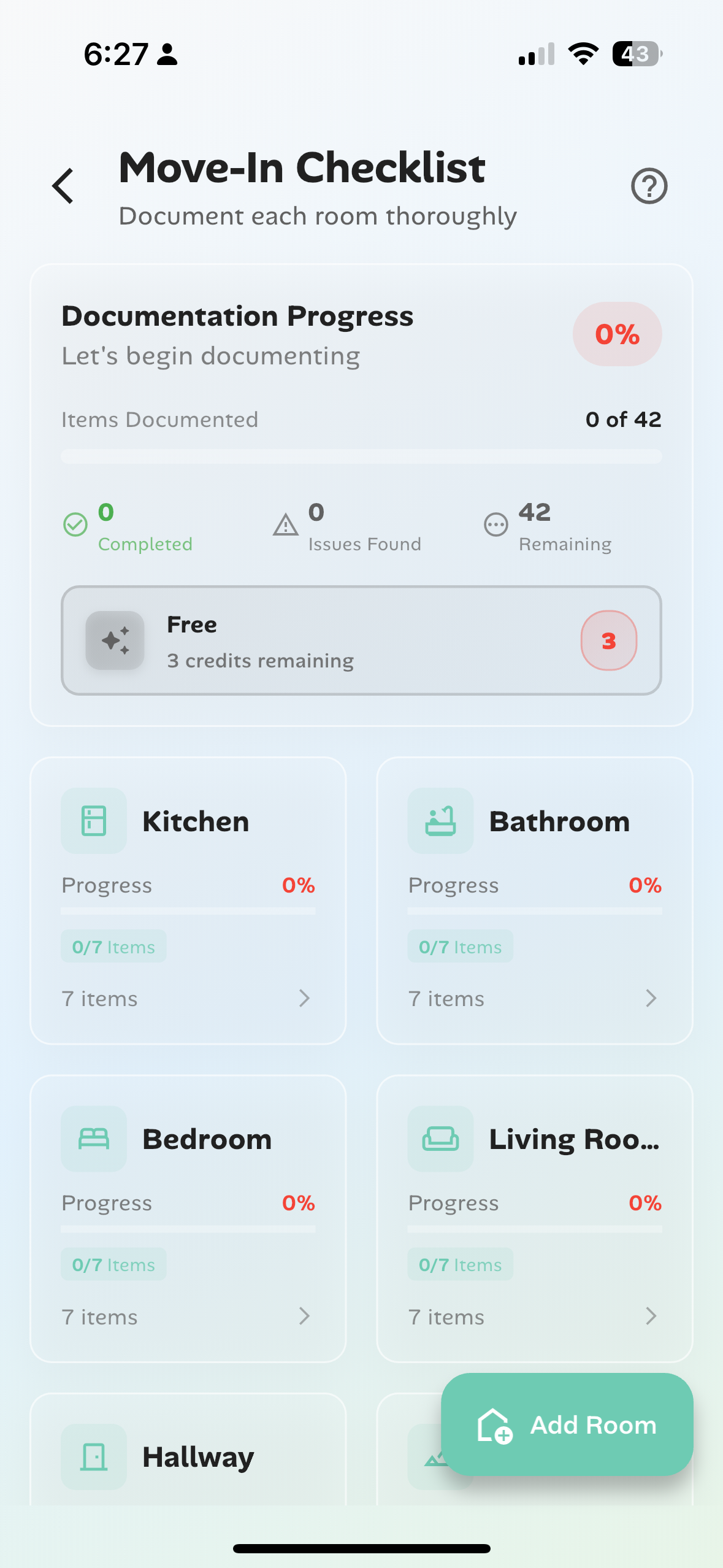 Room-by-room documentation checklist with condition tracking for security deposit protection